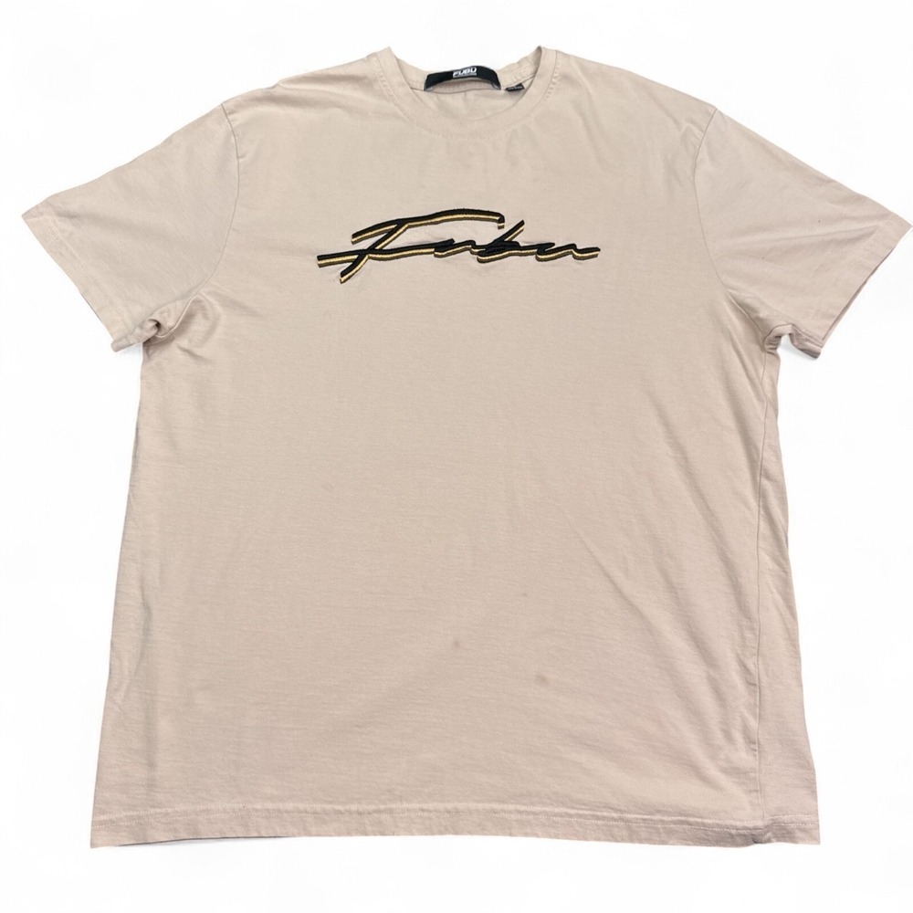 Vintage Y2K FUBU T Shirt Adult Size Small Beige Tan Script Logo Streetwear
